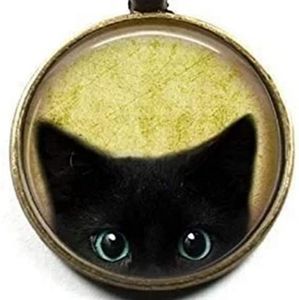 Peeking Black Cat Pendant Necklace With Adjustable Clasp Gold Tone.
